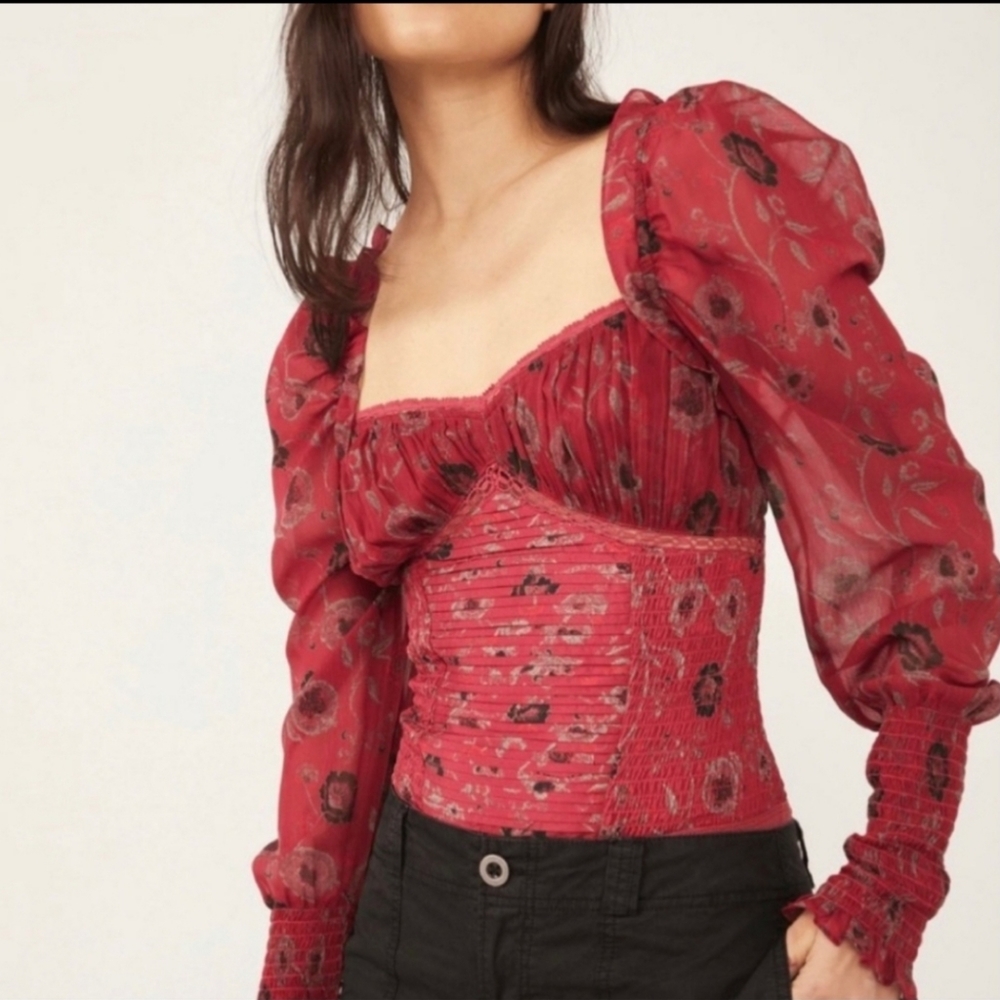 NWT Free People Brunch Date Bodysuit in Red Combo